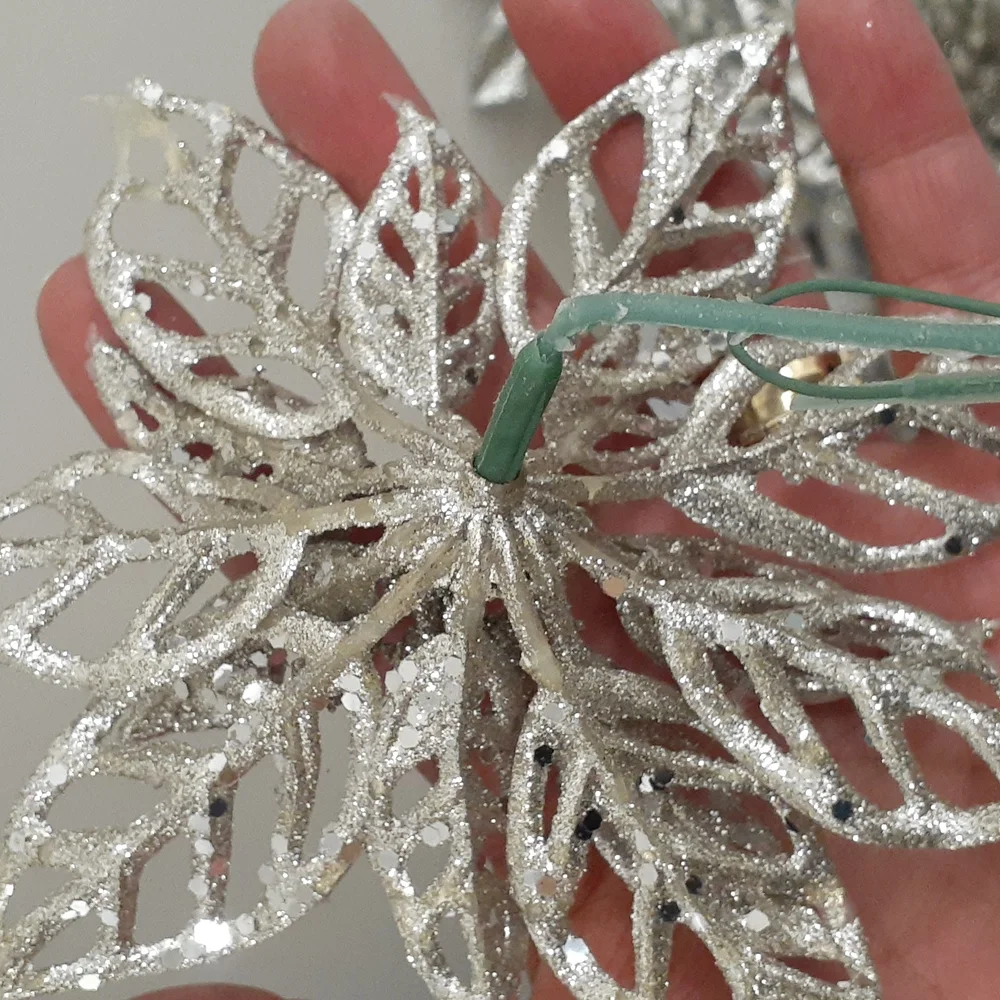 Silver Metallic Glitter FAUX POINSETTIA Christmas FLORAL 10 LOT / winter Wedding